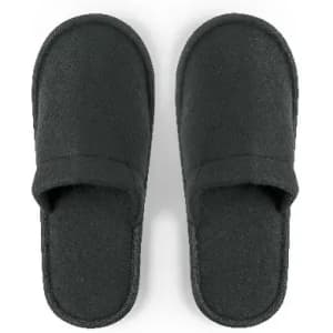 A pair of black slippers with a soft fabric finish, featuring an open toe and slip-on design.