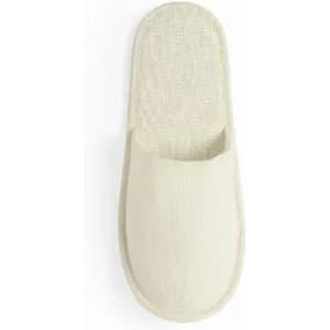 A pair of light beige slippers with a soft, textured upper and a simple design, featuring no visible branding.