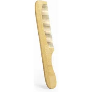 A wooden comb with a smooth finish, featuring wide and narrow teeth for styling hair.