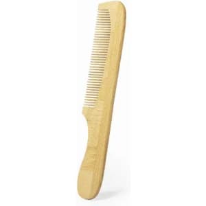 A wooden comb with a smooth finish, featuring both fine and wide teeth for versatile styling.