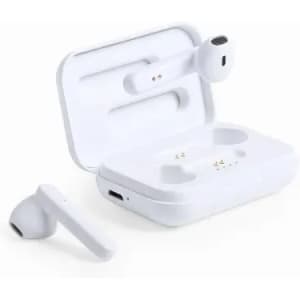 A set of white wireless earbuds with a charging case, featuring a sleek design and a single earbud outside the case.
