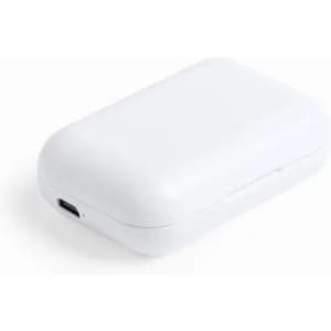 A white charging case with a rounded shape and a USB-C port at the bottom.