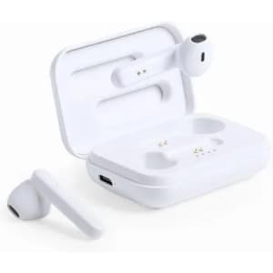 A pair of white wireless earbuds with a charging case. The case is slightly open, showing one earbud inside.