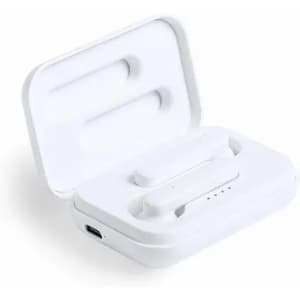 A pair of white wireless earbuds in a white charging case, partially open, showing the earbuds inside.
