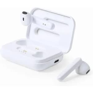 A pair of white wireless earbuds with a charging case, featuring a sleek design and a small logo on the case.