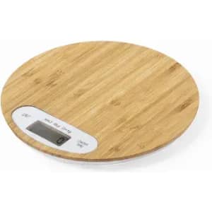 A round digital kitchen scale with a bamboo surface and a white display for measurements.
