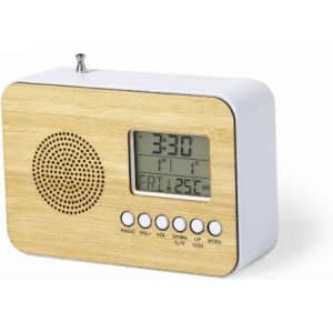 A digital clock radio with a wooden panel, featuring a display and a speaker, in a white and natural wood colour scheme.