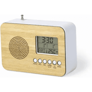 A bedside clock radio with a wooden finish and a digital display, featuring buttons and an antenna.