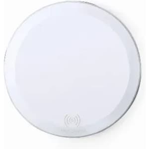 A wireless charging pad in white, featuring a seamless circular design and a brand logo on the underside.