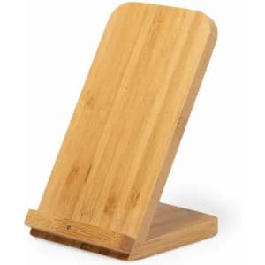 A wooden phone stand made of light bamboo, featuring a sleek and modern design with rounded edges.