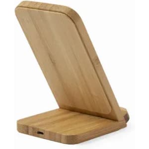 A wooden phone stand made of bamboo, featuring a sleek, minimalist design with a charging port.