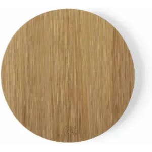 A round bamboo serving board featuring a smooth, natural finish and a subtle logo.