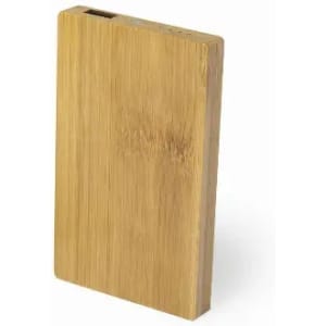A bamboo power bank with a sleek, rectangular design and a natural wood finish.