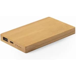 A bamboo power bank with USB and USB-C ports. It has a sleek, rectangular design.