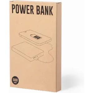 A power bank in a cardboard package, illustrated with a simple line drawing of the device. The packaging is plain, kraft brown.