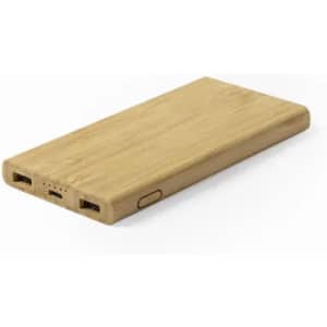 A bamboo power bank with a natural wood finish, featuring two USB ports and an LED indicator.