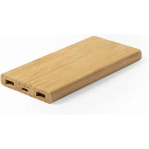 A bamboo phone charger with multiple ports and a sleek, flat design. It features a natural wood finish and modern aesthetics.