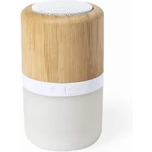 A drink bottle with a bamboo top and a frosted white lower section, featuring a logo on the side.