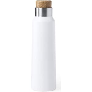 A drink bottle in white with a cork and stainless steel lid, featuring a sleek and modern design.