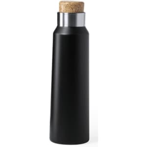 A drink bottle in matte black with a cork and stainless steel lid, featuring a sleek, modern design.