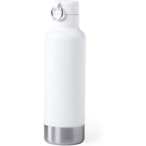 A drink bottle in white with a stainless steel base and a circular lid ring. It features a sleek, modern design.