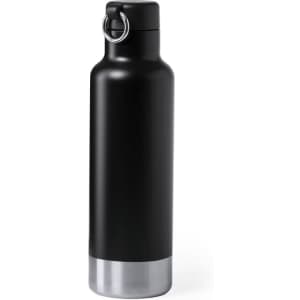 A drink bottle in matte black with a silver base and a metal ring on the cap. It features a logo.