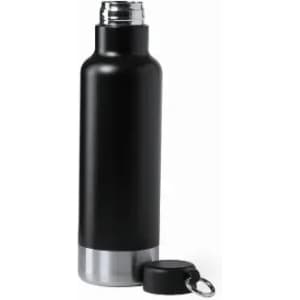 A drink bottle in matte black with a stainless steel bottom and a screw-on cap. Features a logo on the body.