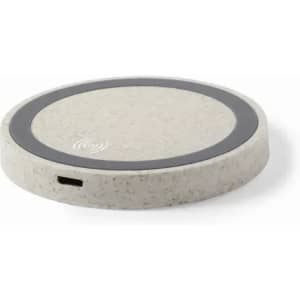 A wireless charging pad in light grey with a black centre, featuring a small port on the side and a logo design.