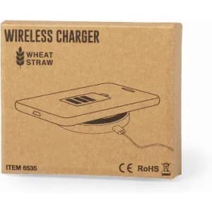 A wireless charger in a box made from wheat straw, showing a simple illustration of the device.