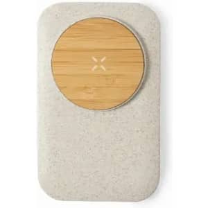 A promotional product featuring a light grey base with a circular bamboo top and rounded edges. It has a logo.