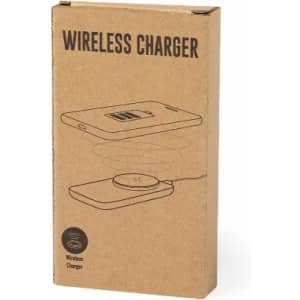 A cardboard packaging for a wireless charger, featuring minimalist line drawings and a logo on the front.