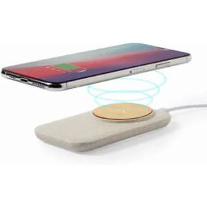 A wireless phone charger with a sleek design, featuring a circular charging pad and an elevated smartphone.