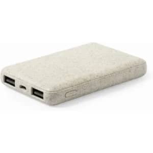 A portable power bank in a light beige colour, featuring two USB ports and a textured surface, with a logo.