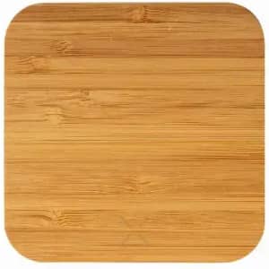 A bamboo cutting board with rounded edges, featuring a smooth surface and natural wood grain.