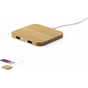 A wooden charging pad with two USB ports and a charging cable, designed for electronic devices.