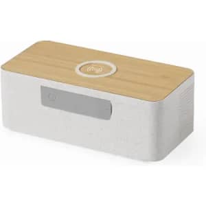 A rectangular charging station with a wooden top and a textured white body, featuring a logo on the surface.