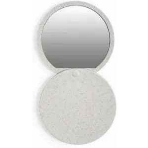 A compact mirror with a round design in a speckled light grey finish, featuring a reflective surface.