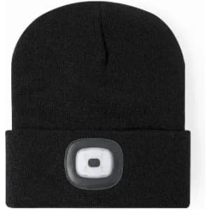 A black beanie with a built-in light and a logo on the front.