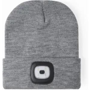 A grey beanie with an integrated light on the front and a foldable cuff. It features a logo on the light panel.