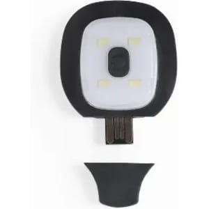 A light device with a square white face, black casing, and a removable clip for attachment.