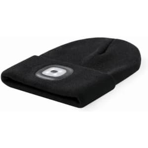 A beanie in black fleece material featuring a built-in light and a branded logo.