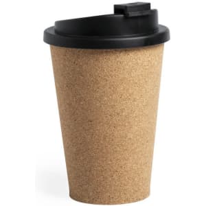 A drink bottle in a natural cork texture with a black lid and sipping opening, featuring a logo.