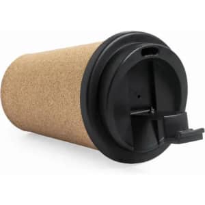 A drink bottle with a cork exterior and a black lid, featuring a spout for easy access.