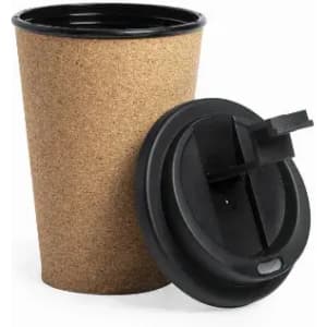 A drink bottle with a cork exterior and a black lid, featuring a sip opening and removable top.