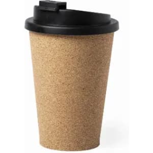 A drink bottle with a cork texture and black lid, designed for easy sipping.