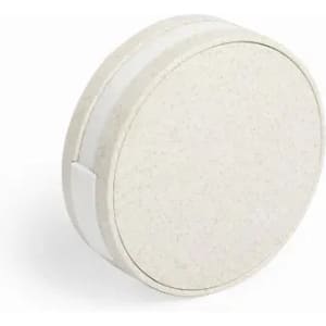 A round, off-white eco-friendly container with a smooth surface and a sliding lid.