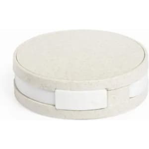A round, light grey storage container with a smooth lid and a white accent band. Features a simple design.