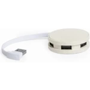 A round, white USB hub with multiple ports and a connected cable. It has a simple, modern design.