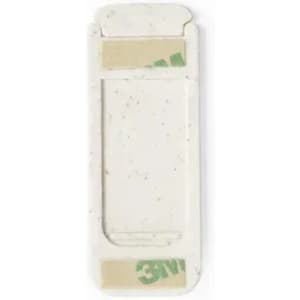 A stick-on adhesive strip in white with flecks, featuring a logo at the top and bottom.