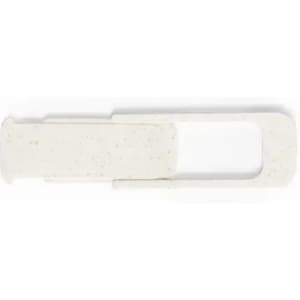 A white promotional product with a textured finish featuring a logo, resembling a clip or holder.